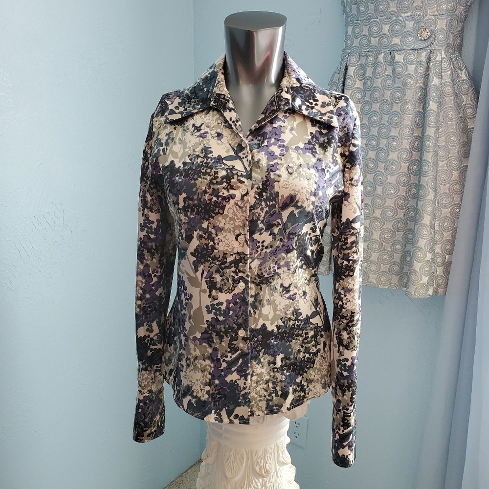 Kasper floral button front long sleeve blouse top B58